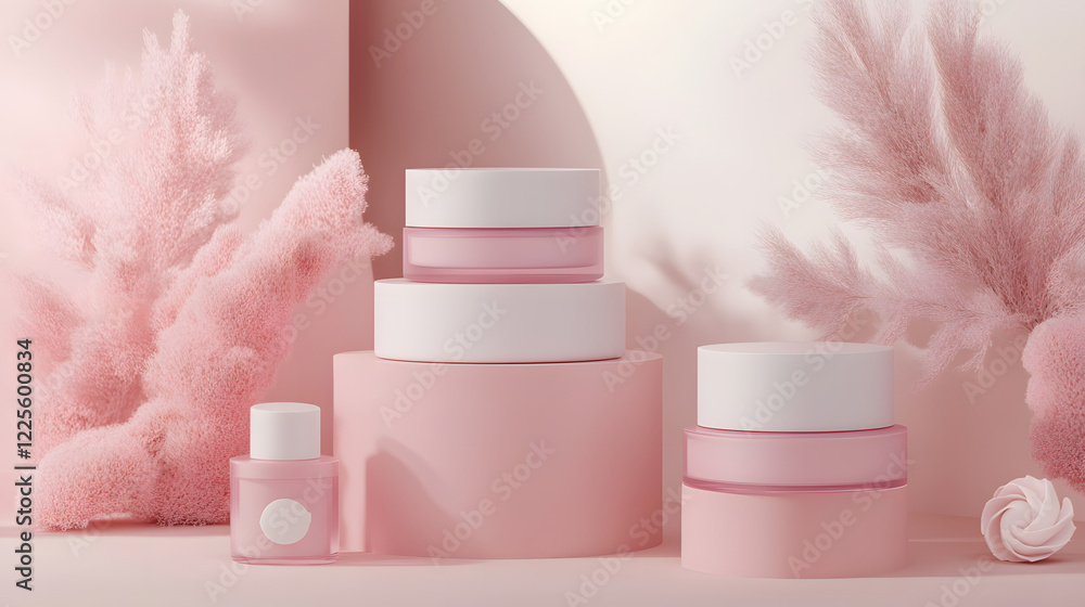 Poster abstract minimal scene with geometrical forms. cylinder podiums in cream pink colors. abstract backg