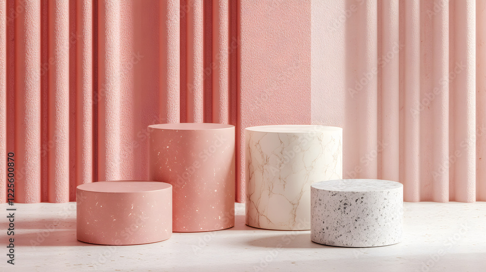 Poster abstract minimal scene with geometrical forms. cylinder podiums in cream pink colors. abstract backg