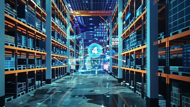 A modern warehouse is enhanced with digital overlays displaying data analytics and information graphics, blending technology with logistics. - Powered by Adobe