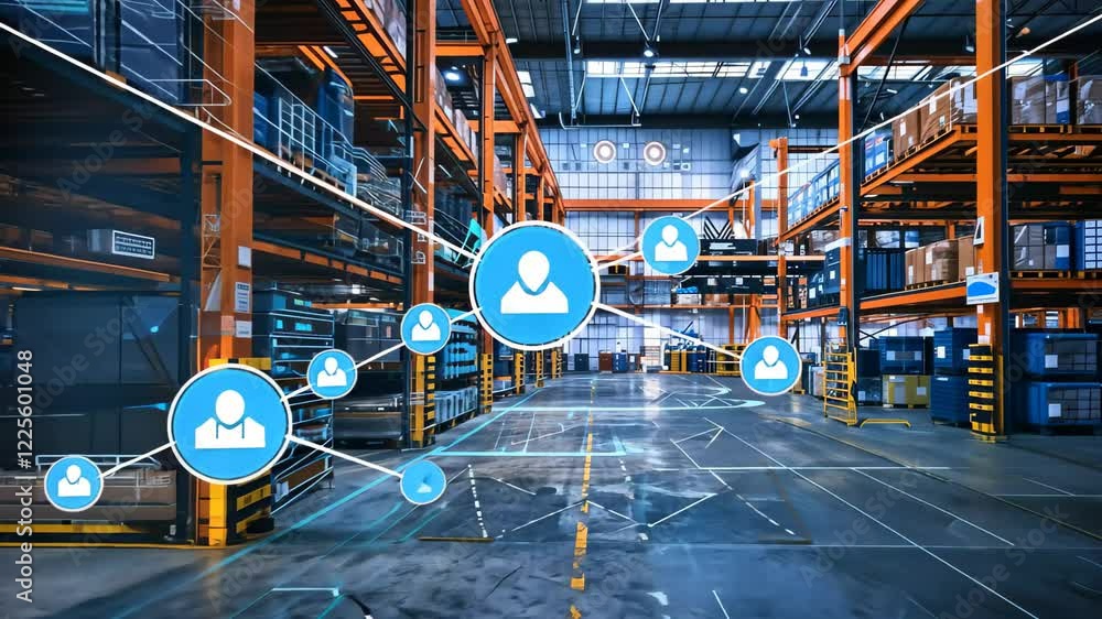 Poster inside a large warehouse, advanced digital displays project data and information against a backdrop 