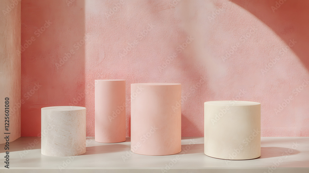 Poster abstract minimal scene with geometrical forms. cylinder podiums in cream pink colors. abstract backg