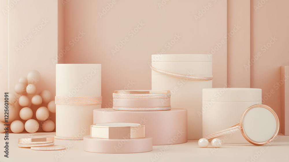 Poster abstract minimal scene with geometrical forms. cylinder podiums in cream pink colors. abstract backg