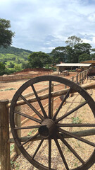 Old wooden wheel on a farm