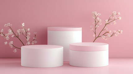 Abstract minimal scene with geometrical forms. Cylinder podiums in cream pink colors. Abstract background. Scene to show cosmetic podructs. Showcase, display case. 3d render.