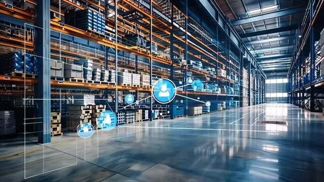 A modern warehouse filled with shelving units and packages, featuring digital overlays that represent smart logistics and inventory management systems.
