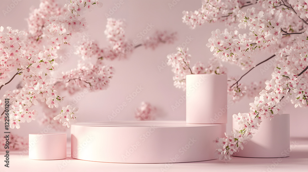 Poster abstract minimal scene with geometrical forms. cylinder podiums in cream pink colors. abstract backg