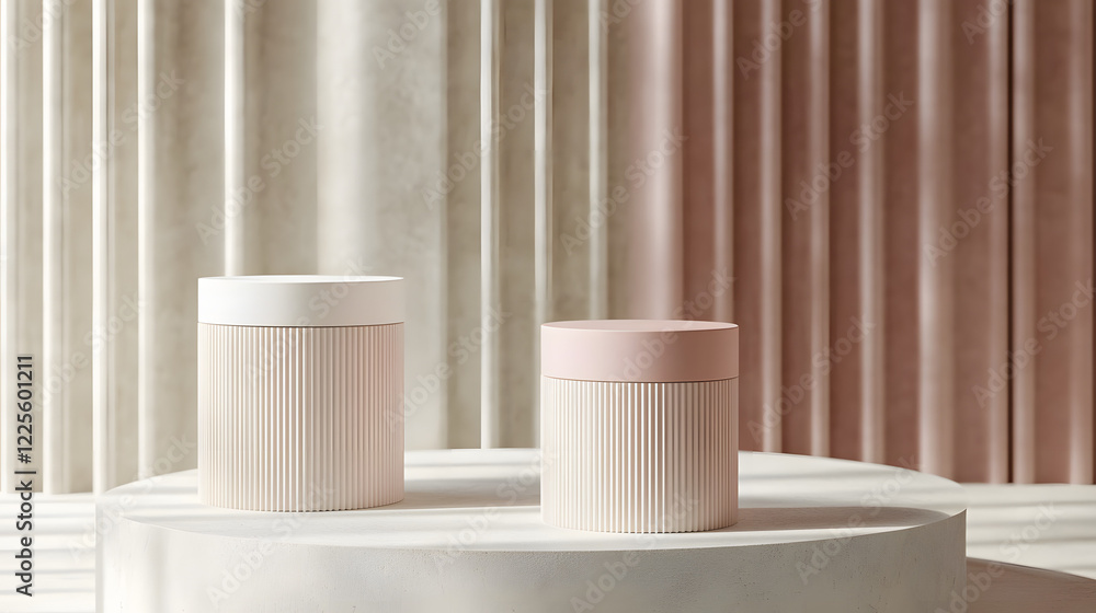 Poster abstract minimal scene with geometrical forms. cylinder podiums in cream pink colors. abstract backg