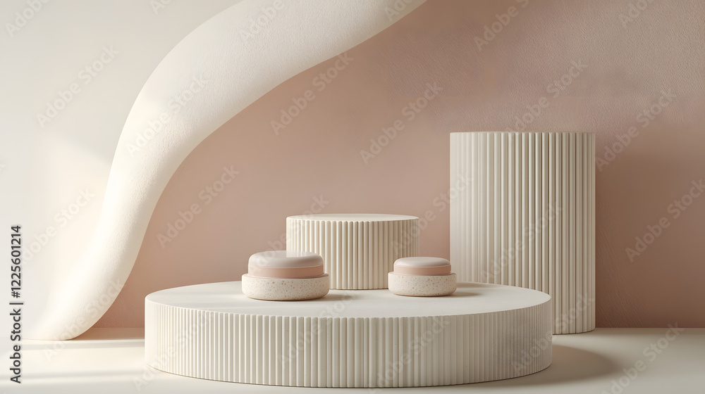 Poster abstract minimal scene with geometrical forms. cylinder podiums in cream pink colors. abstract backg