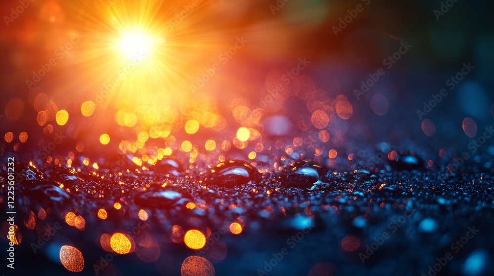 Poster Vibrant droplets capture sunlight at dawn, creating a mesmerizing display of color and light on a dewy surface