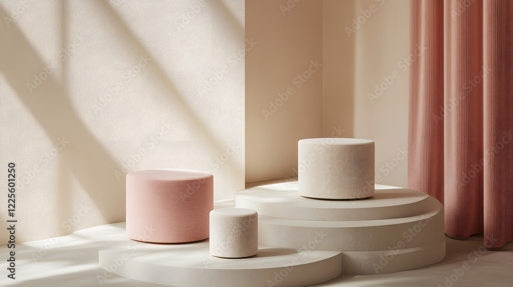 Poster abstract minimal scene with geometrical forms. cylinder podiums in cream pink colors. abstract backg