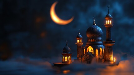 Obraz premium Nighttime Mosque Scene Crescent Moon Islamic Art
