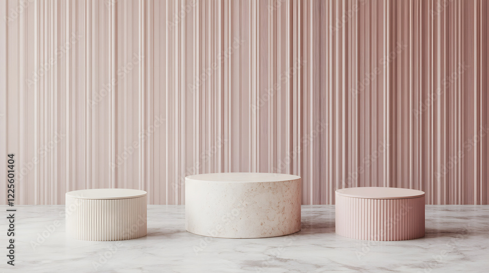 Poster abstract minimal scene with geometrical forms. cylinder podiums in cream pink colors. abstract backg