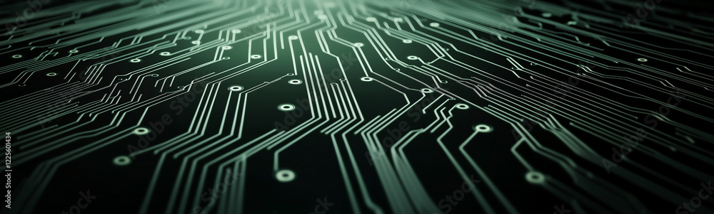 Poster Futuristic circuit board glowing with data flowing through its network