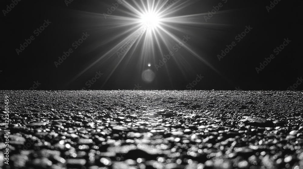 Poster light shines brightly over a dark, textured surface, illuminating the details and creating a mesmeri