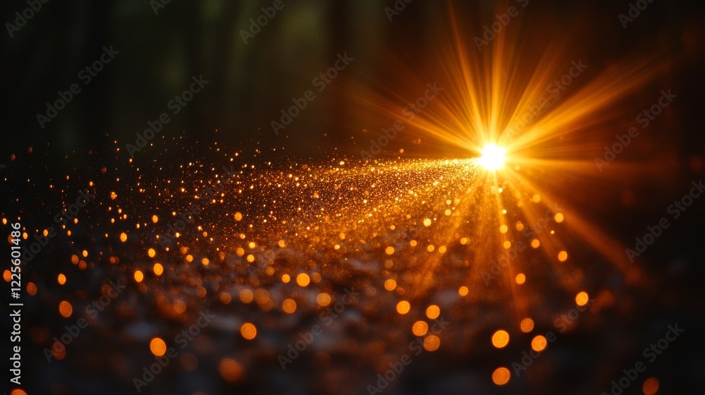 Poster sunlight pierces through the forest canopy, casting a magical glow on the fallen leaves in a tranqui