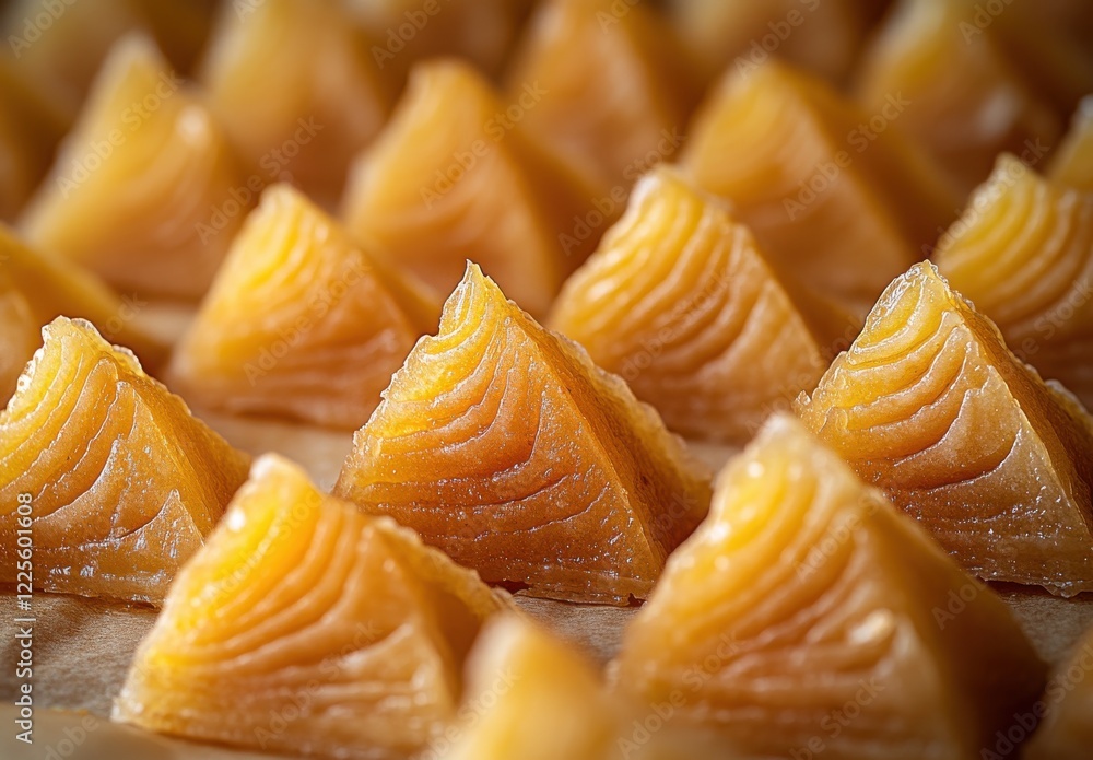 Poster close-up view of beautifully crafted yellow triangle confectionery displayed in rows on a brown surf