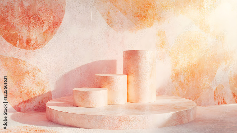 Poster abstract minimal scene with geometrical forms. cylinder podiums in cream pink colors. abstract backg