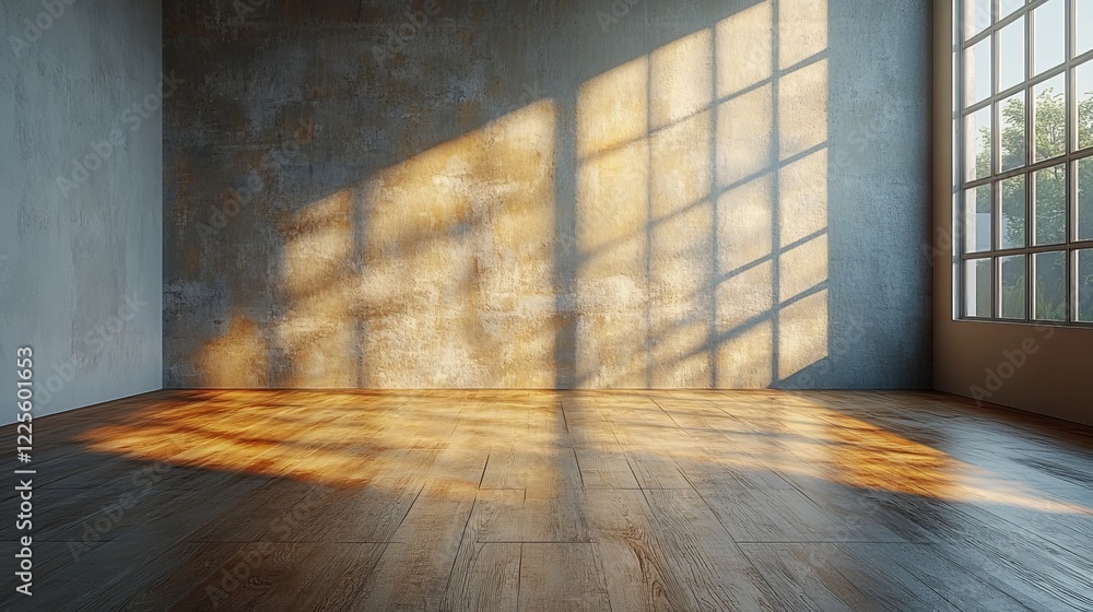 Poster sunlight dances through large windows illuminating a rustic room with wooden floors during a tranqui