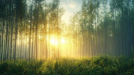 Obraz premium Golden Sunrise Illuminates Serene Bamboo Forest