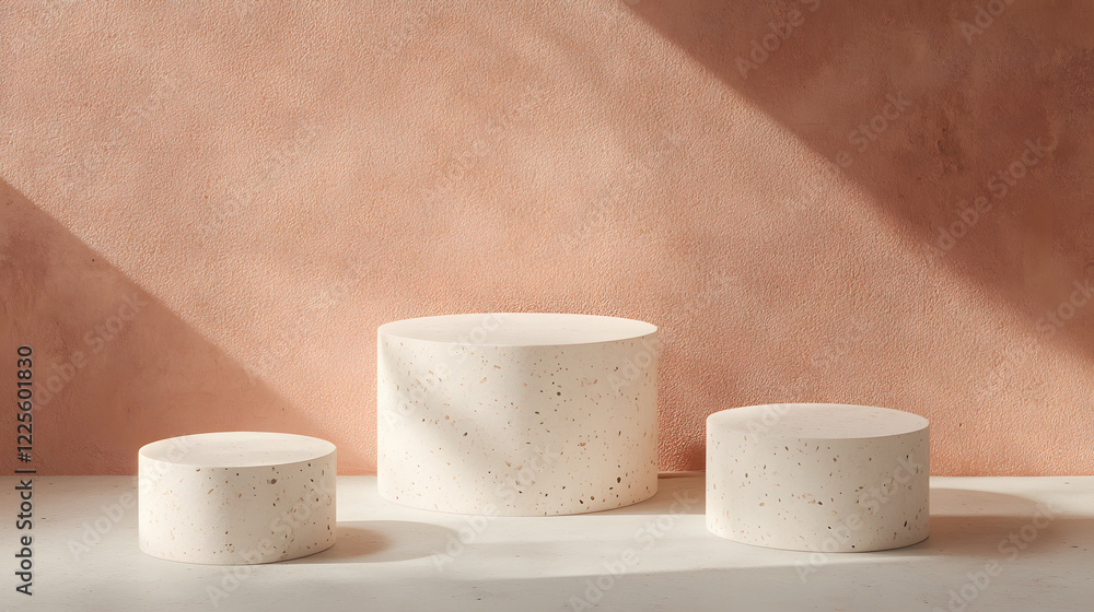 Poster abstract minimal scene with geometrical forms. cylinder podiums in cream pink colors. abstract backg