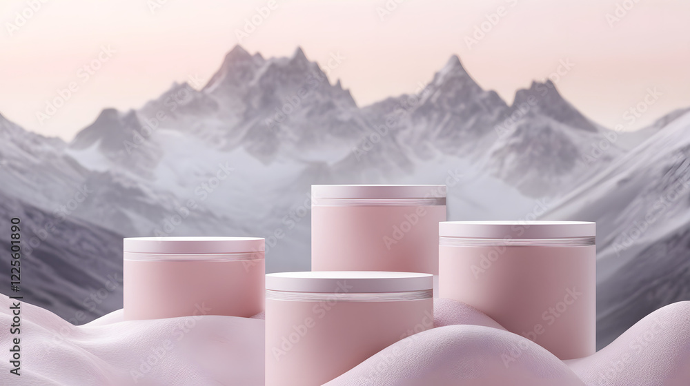 Poster abstract minimal scene with geometrical forms. cylinder podiums in cream pink colors. abstract backg