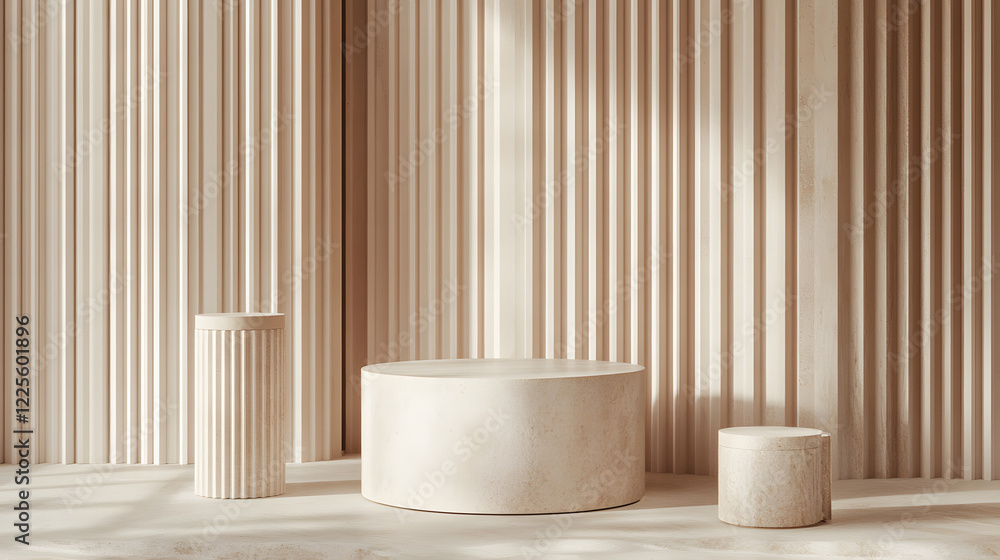 Poster abstract minimal scene with geometrical forms. cylinder podiums in cream pink colors. abstract backg