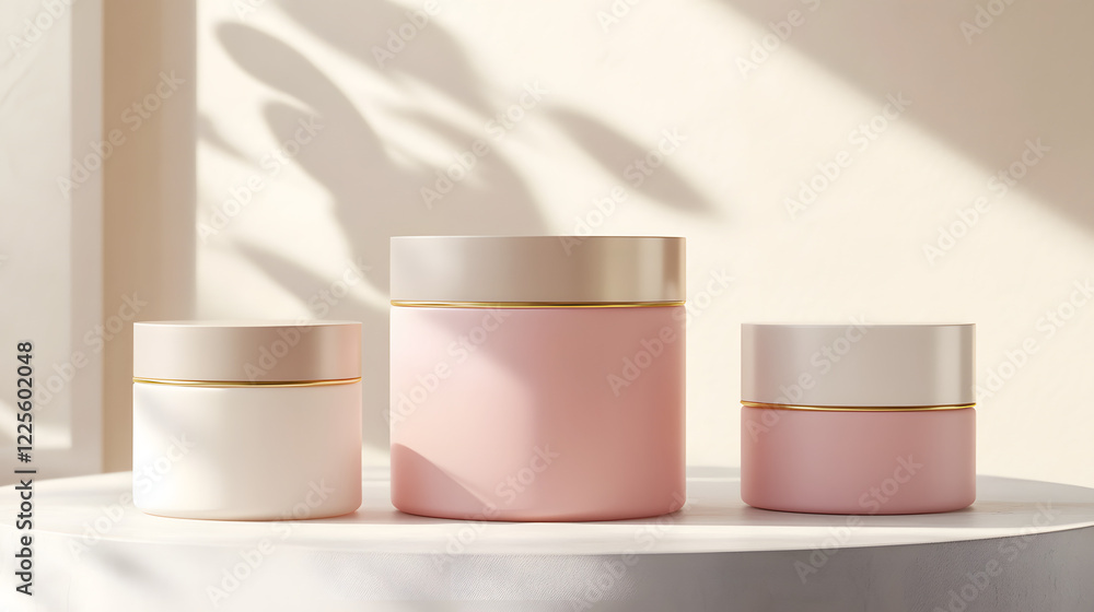 Poster abstract minimal scene with geometrical forms. cylinder podiums in cream pink colors. abstract backg