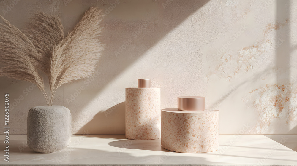 Poster abstract minimal scene with geometrical forms. cylinder podiums in cream pink colors. abstract backg