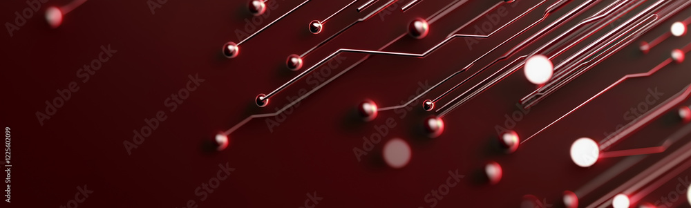 Poster Red printed circuit board connecting spheres representing data flow