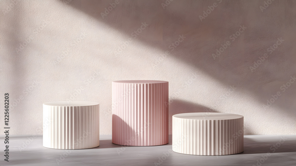 Poster Abstract minimal scene with geometrical forms. Cylinder podiums in cream pink colors. Abstract background. Scene to show cosmetic podructs. Showcase, display case. 3d render.