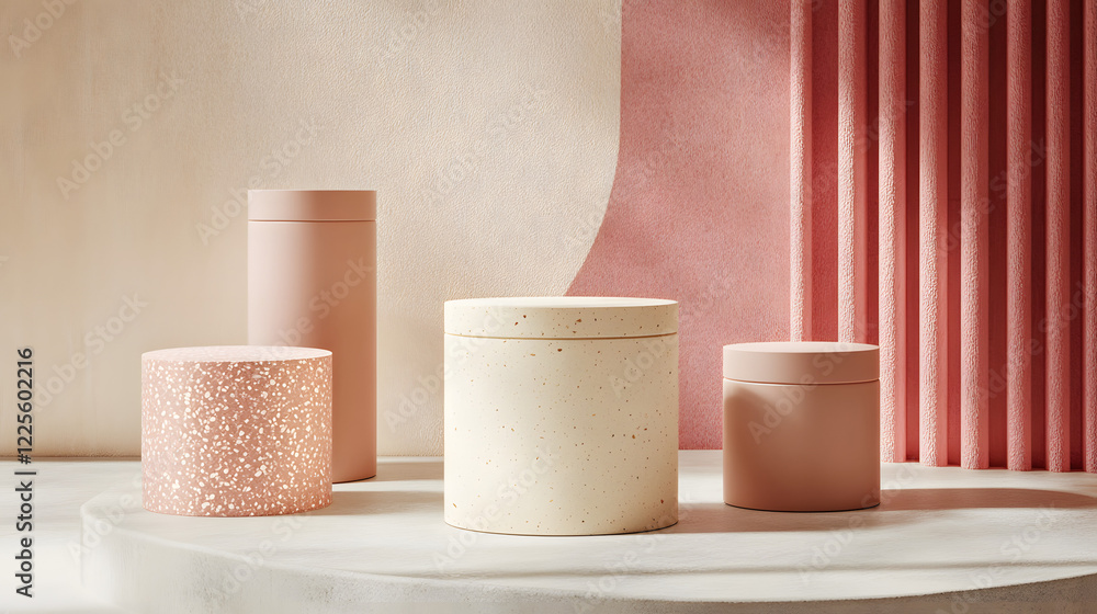 Poster abstract minimal scene with geometrical forms. cylinder podiums in cream pink colors. abstract backg