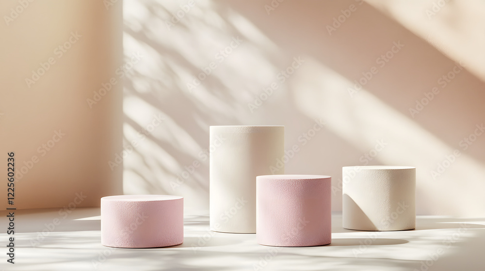 Poster abstract minimal scene with geometrical forms. cylinder podiums in cream pink colors. abstract backg