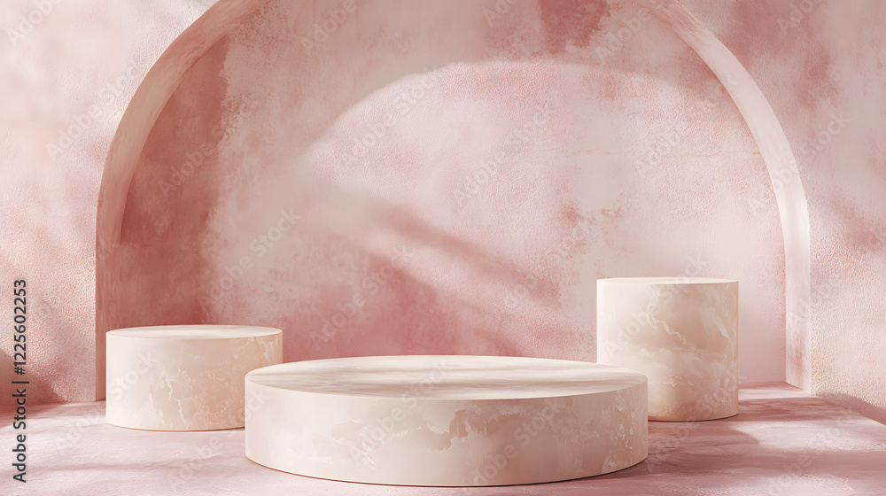 Poster abstract minimal scene with geometrical forms. cylinder podiums in cream pink colors. abstract backg