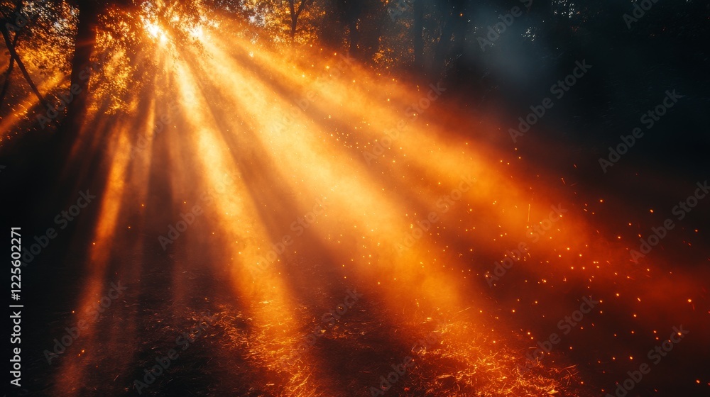 Poster golden rays filter through the forest canopy, illuminating the ground with warm hues during a serene