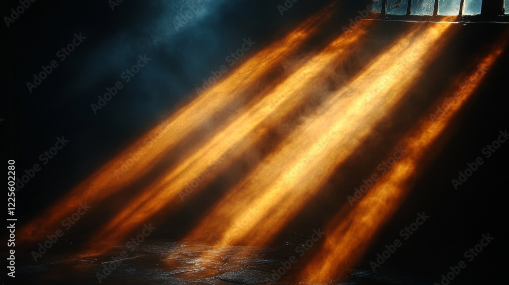 Poster Radiating light beams illuminate a dark space with fiery hues creating an enchanting atmosphere at dusk