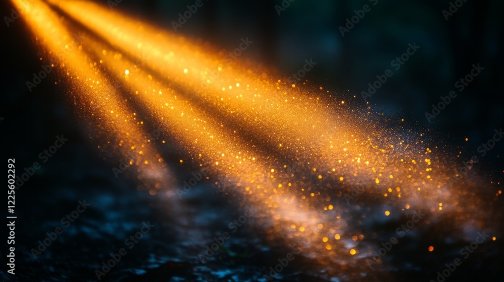Poster Golden beams of light pierce through a forest canopy at twilight, creating a magical atmosphere filled with shimmering particles and mystery