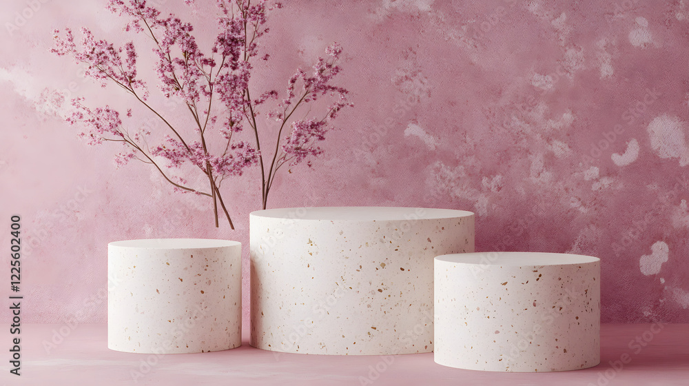 Poster abstract minimal scene with geometrical forms. cylinder podiums in cream pink colors. abstract backg
