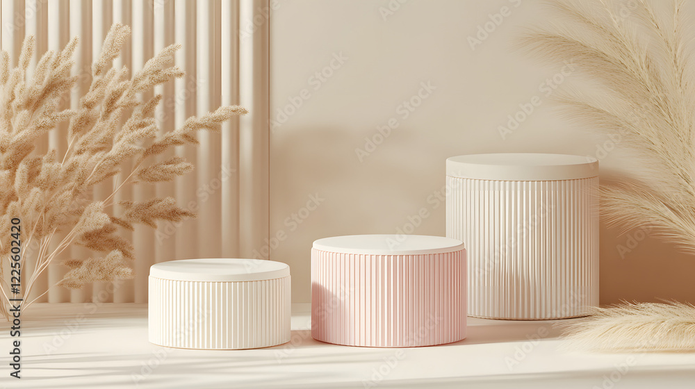 Poster abstract minimal scene with geometrical forms. cylinder podiums in cream pink colors. abstract backg
