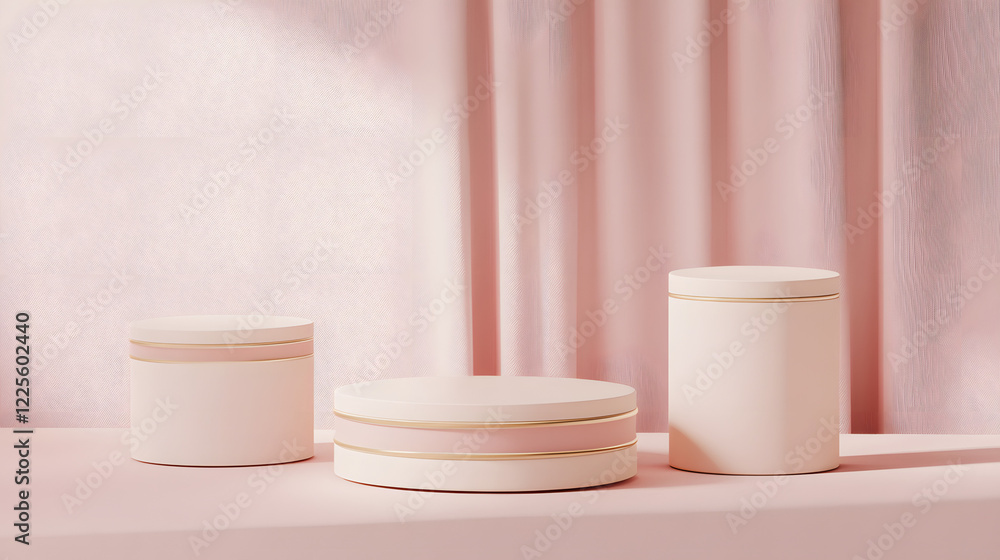 Poster abstract minimal scene with geometrical forms. cylinder podiums in cream pink colors. abstract backg