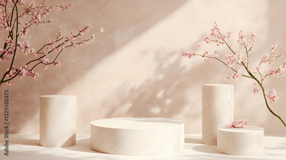 Poster abstract minimal scene with geometrical forms. cylinder podiums in cream pink colors. abstract backg