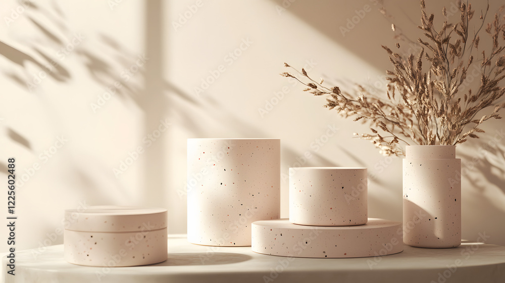 Poster abstract minimal scene with geometrical forms. cylinder podiums in cream pink colors. abstract backg