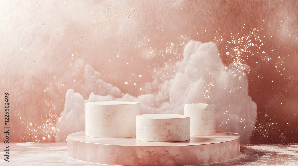 Poster abstract minimal scene with geometrical forms. cylinder podiums in cream pink colors. abstract backg