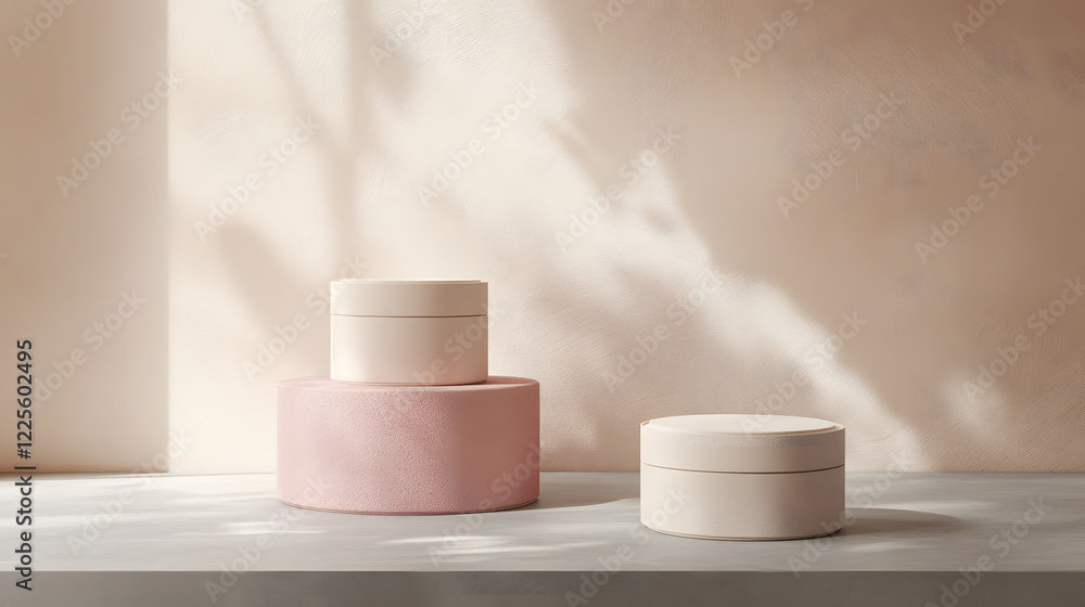 Poster abstract minimal scene with geometrical forms. cylinder podiums in cream pink colors. abstract backg