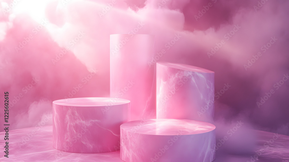 Poster abstract minimal scene with geometrical forms. cylinder podiums in cream pink colors. abstract backg
