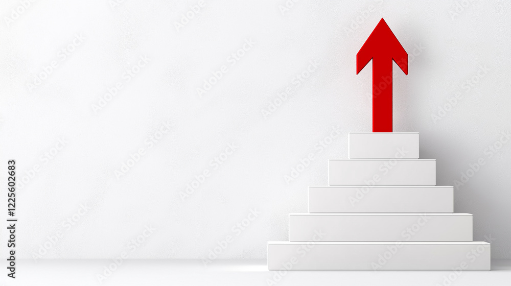 Poster red arrow pointing up on top of increasing white stairs symbolizing growth
