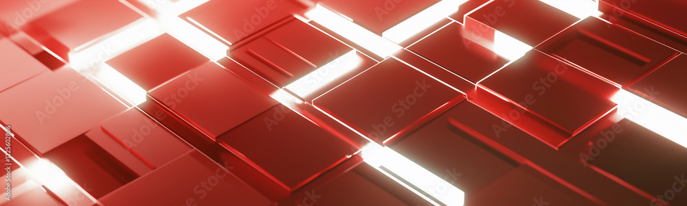 Poster red cubes abstract background with white neon lights crossing each other