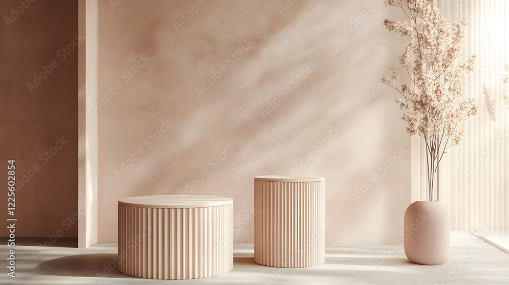 Poster abstract minimal scene with geometrical forms. cylinder podiums in cream pink colors. abstract backg