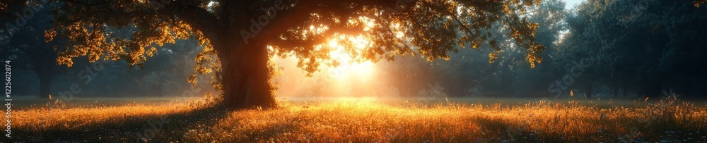 Poster golden rays filter through lush branches at dawn, illuminating a serene meadow filled with soft gras