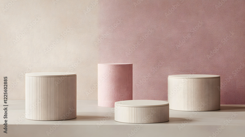 Poster abstract minimal scene with geometrical forms. cylinder podiums in cream pink colors. abstract backg