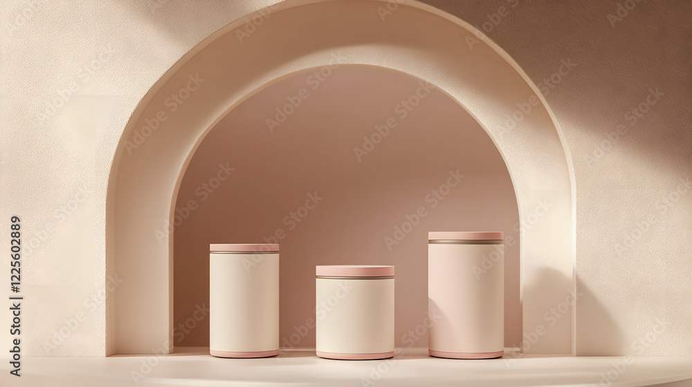 Poster abstract minimal scene with geometrical forms. cylinder podiums in cream pink colors. abstract backg